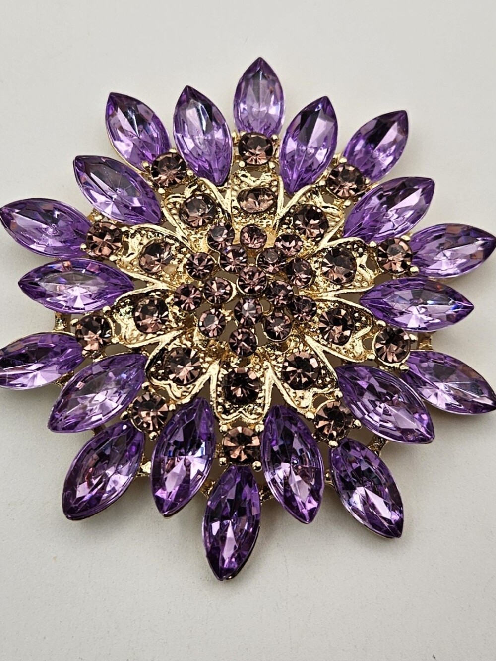 Large Purple Starburst Brooch Pin Gold Tone Statement